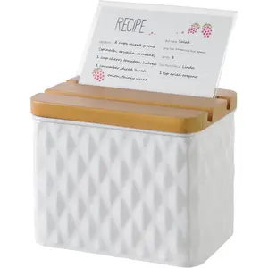 Recipe Box with Cards and Dividers Set 4x6 Recipe Holder for Counter White Pattern Embossed Recipe Card Box with Wooden Grooved Lid