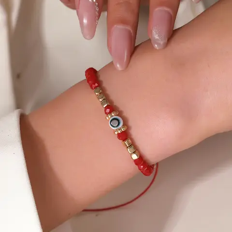 Sicbumi Unisex Boho Red Non-Natural Crystal Beaded Bracelet - Gold Accents, Blue Evil Eye, Crystal Alloy, Money Attraction, Vintage Elegant, Daily Wear Jewelry