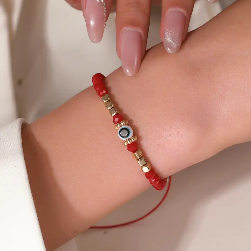Sicbumi Unisex Boho Red Non-Natural Crystal Beaded Bracelet - Gold Accents, Blue Evil Eye, Crystal Alloy, Money Attraction, Vintage Elegant, Daily Wear Jewelry