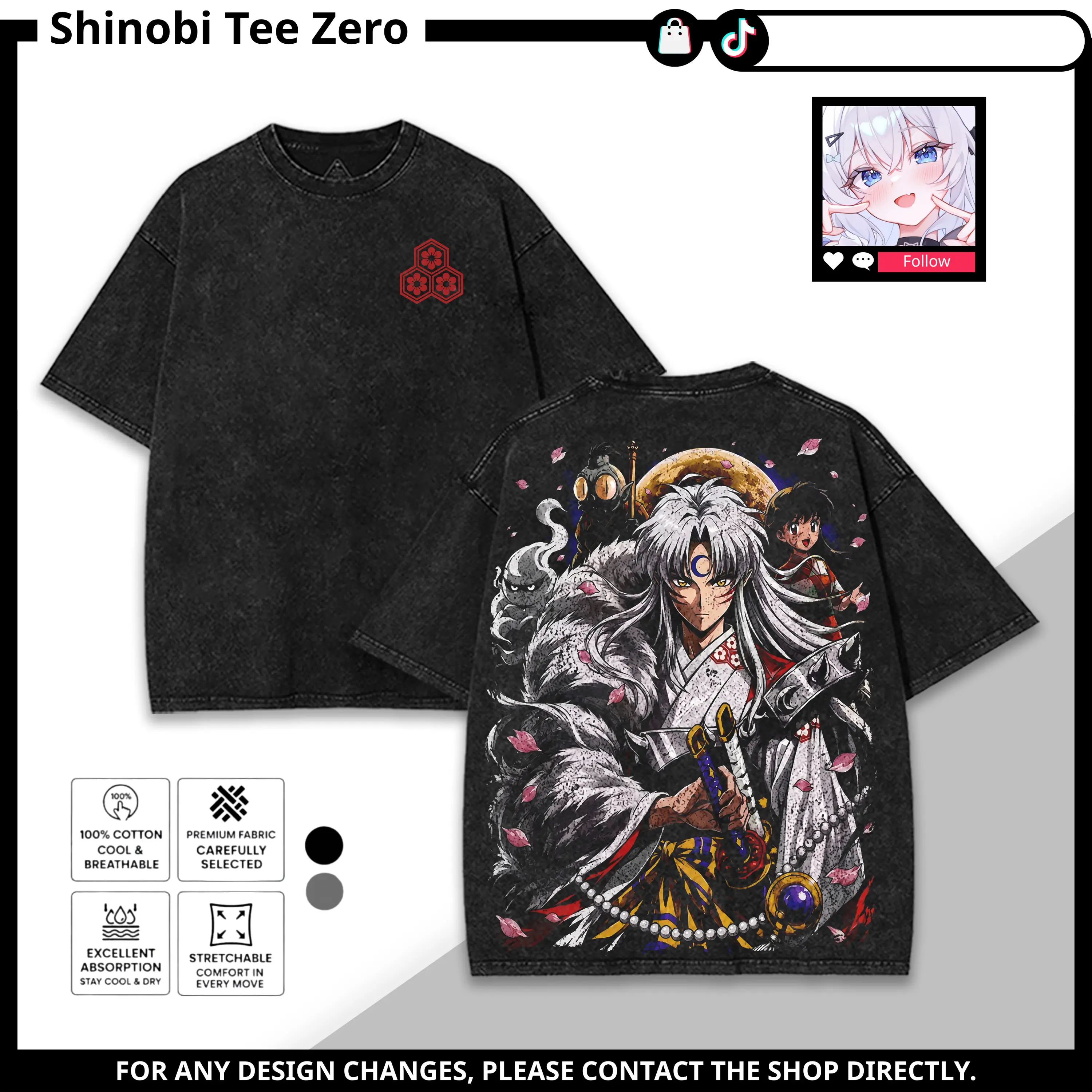 Sesshomaru Inuyasha Anime Double Printed Vintage Washed Tee Tanktop Sweatshirt Hoodie Unisex Oversized Heavyweight Cotton for Anime Fans