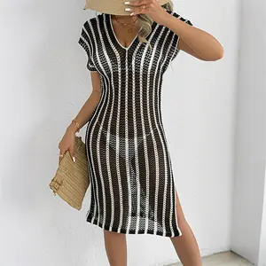 Vertical Stripe Openwork Knit Short Sleeve Beach Cover Up Dress