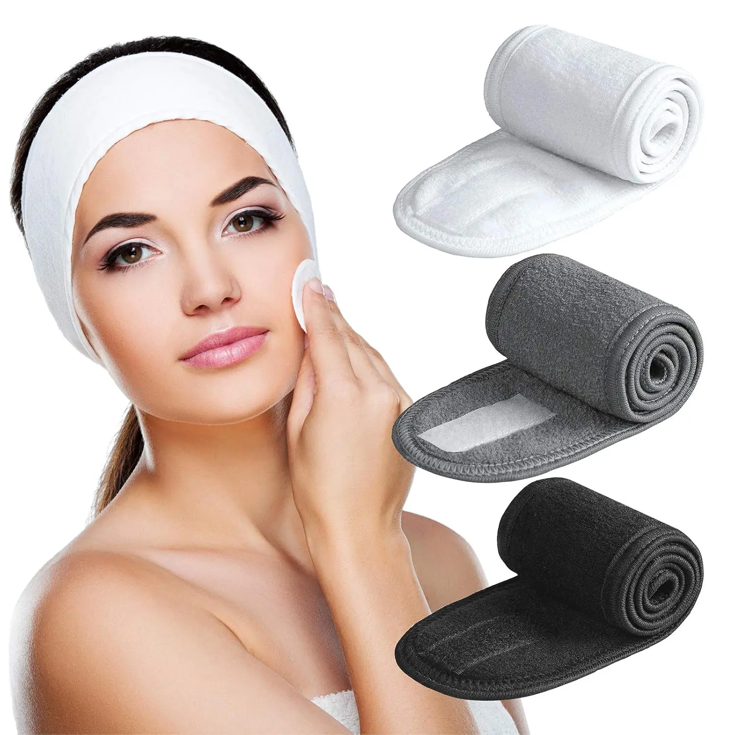 3-Pack Ultra Soft Adjustable Terry Cloth Spa Headbands - Solid Color, Towel-Like Stretch Make Up Wraps for Face Washing, Facial Masks (Black + White + Grey), Solid Color Headband, Towel-Like Headbands