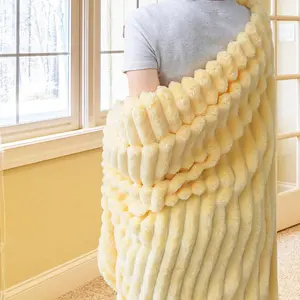 Flannel Fleece Throw Blanket for Couch,Sofa,Bed, 300GSM Striped Light Yellow Throw Blanket for Adults and , Super Soft Warm Cozy Lightweight Home Decor for All-Season(50x70inch)