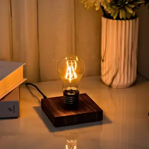 Magnetic Levitation Light Bulb Lamp Table Lamp with 360 Degree Automatic Rotating Night Light Stylish Wooden ABS Magnetic Levitating LED Light Bulb for Bedroom Office Home Decor Unique Gift