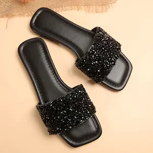 Women's Slippers Sparkly Black Rhinestone Sandals Lightweight Indoor Outdoor Shoes Comfortable for All-Day Wear