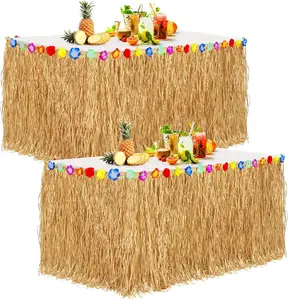 2 Pack Thickened Natural Grass Table Skirt with Hibiscus Flowers 400g, Hawaiian Luau Tropical Party Fringe Decoration for Tiki Costume, Hawaii Moana Birthday Party, Straw Yellow