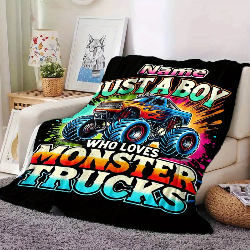Personalized Monster Truck Throw Blanket, Custom Name "Just a Boy Who Loves Monster Trucks" Themed Cozy Blanket, Soft Fluffy Lightweight Blanket for Kids, Anti-Pilling Washable Decorative Blanket