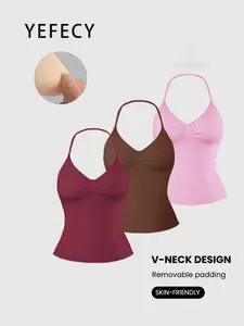 Women's 3-Pack Halter V-Neck Tank Tops, Detachable Pads, Seamless Fitness Bras, Comfortable & Breathable, Perfect for Daily Wear
