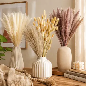 17" 100Pcs Dried Pampas Grass Decor, Naturally Small Boho Pampas Grass with Bunny Tails & Reed Grass for Home Table Decor, Wedding, Rustic Farmhouse Party Decorations, White and Brown