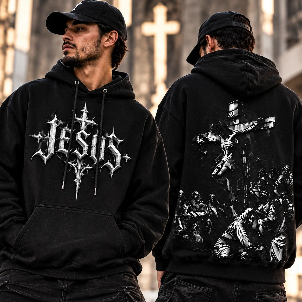 Double Sided Print Jesus Cross Pullover Hoodie, Unisex Christian Faith Long Sleeve Hooded Sweatshirt