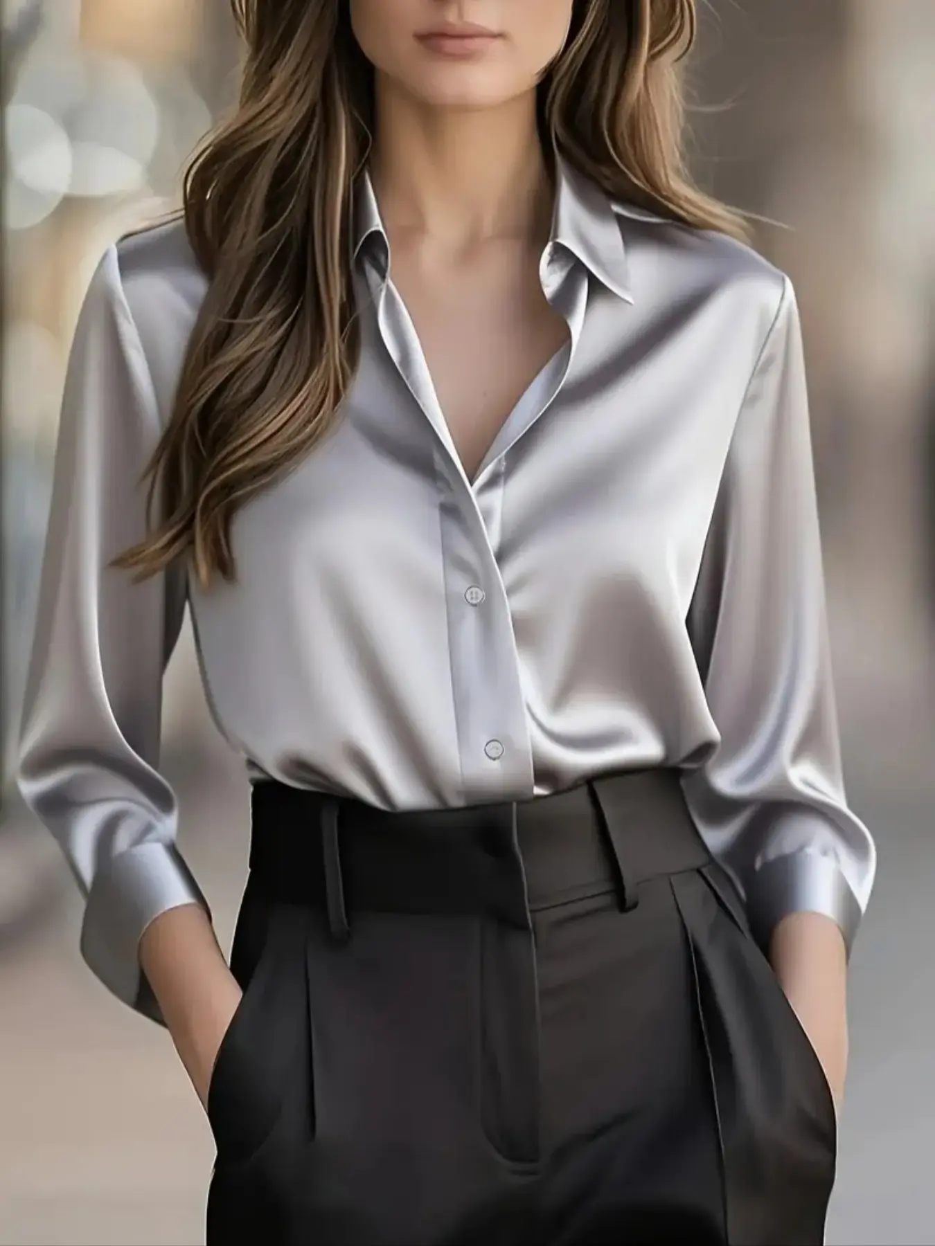 Elegant Women's Satin Button Front Collared Long Sleeve Fitted Button Closure Shirts & Button Up Blouse for Spring & Fall, Office Wear, Casual Ladies' Top, Soft, Smooth and Comfortable, Pure Color Design