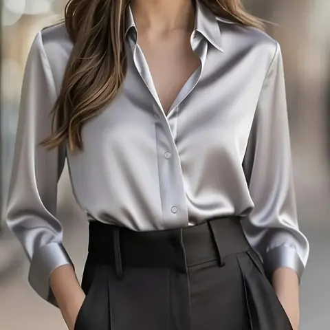 Elegant Women's Satin Button Front Collared Neckline Long Sleeve Fitted Button Closure Shirts & for Spring & Fall, Office Wear, Casual Ladies' Top, Soft, Smooth and Comfortable, Pure Color Design