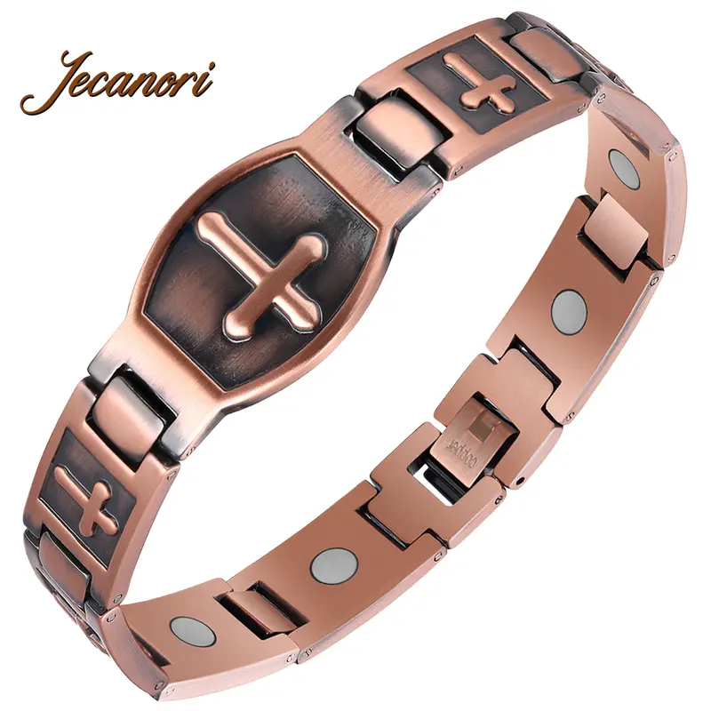 Jecanori Male Round Pure Copper Cross Adjustable Bracelet - Costume Fashion Accessory, Trendy Stack Bangle with Sizing Tool, Ideal Jewelry Gift for Men