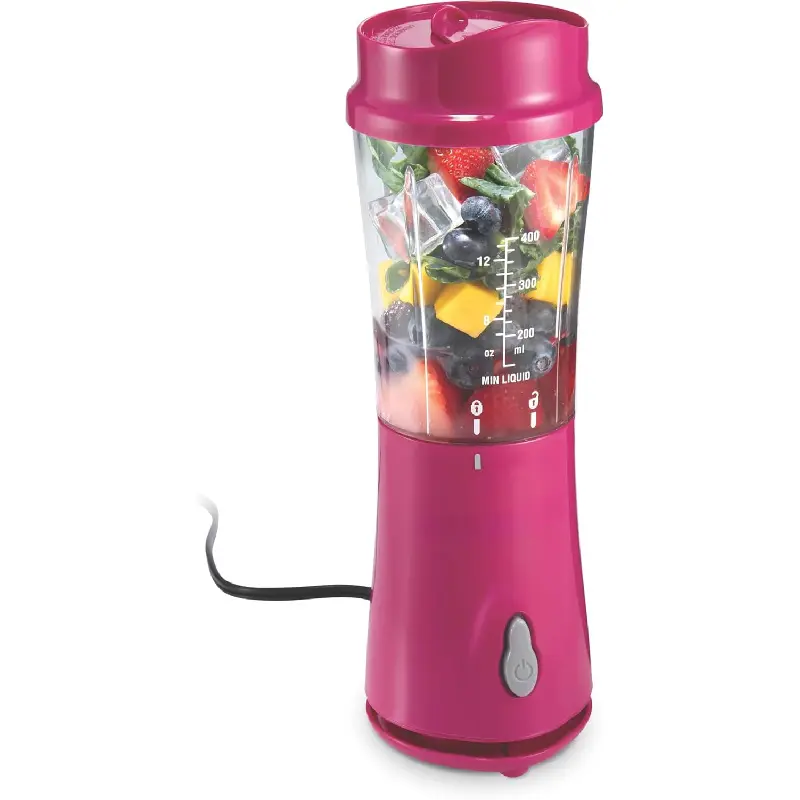 Compact Raspberry Portable Blender 51131G - Personal 14oz BPA-Free Travel Cup & Lid, Heavy-Duty Stainless Steel Blades, 1-Click Blend, Overheat Safe for Milkshakes, Smoothies