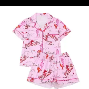 Luxury Lounge Wear Sleepwear Women Summer Custom Print Pajama Set in Pink with Horse and Cactus Design