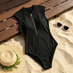 LIZENS Women's Black Short-Sleeve Zip-Up Sporty 1-Piece Swimsuit - High Neck, Gold Front Zipper, UV Protection, Modest Surf Suit for Beach, Surf, Sporty One-Pieces