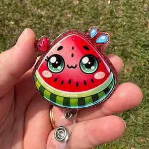 Watermelon Design Nurse Badge Reel with Cute Eyes and Sparkling Accents for Medical Professionals