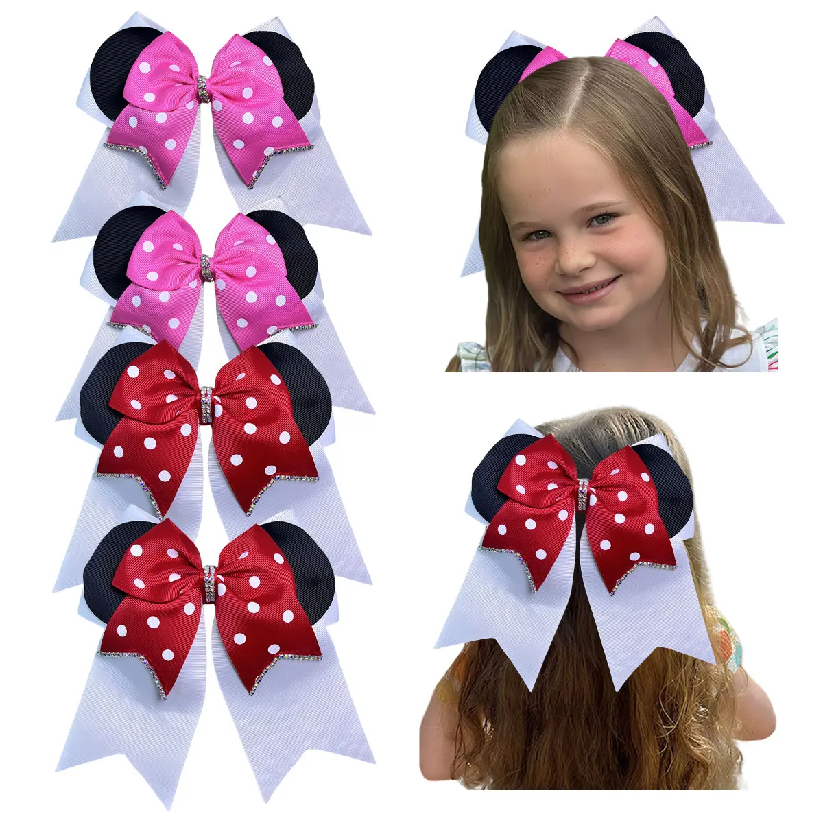 JoyBowie 4pcs 8.5inch Girls' Minnie Mouse Polka Dot Hair Bows Set boutique baby girl hair bows Exquisite girls' hairpin Baby Girl Hair bows summerwins