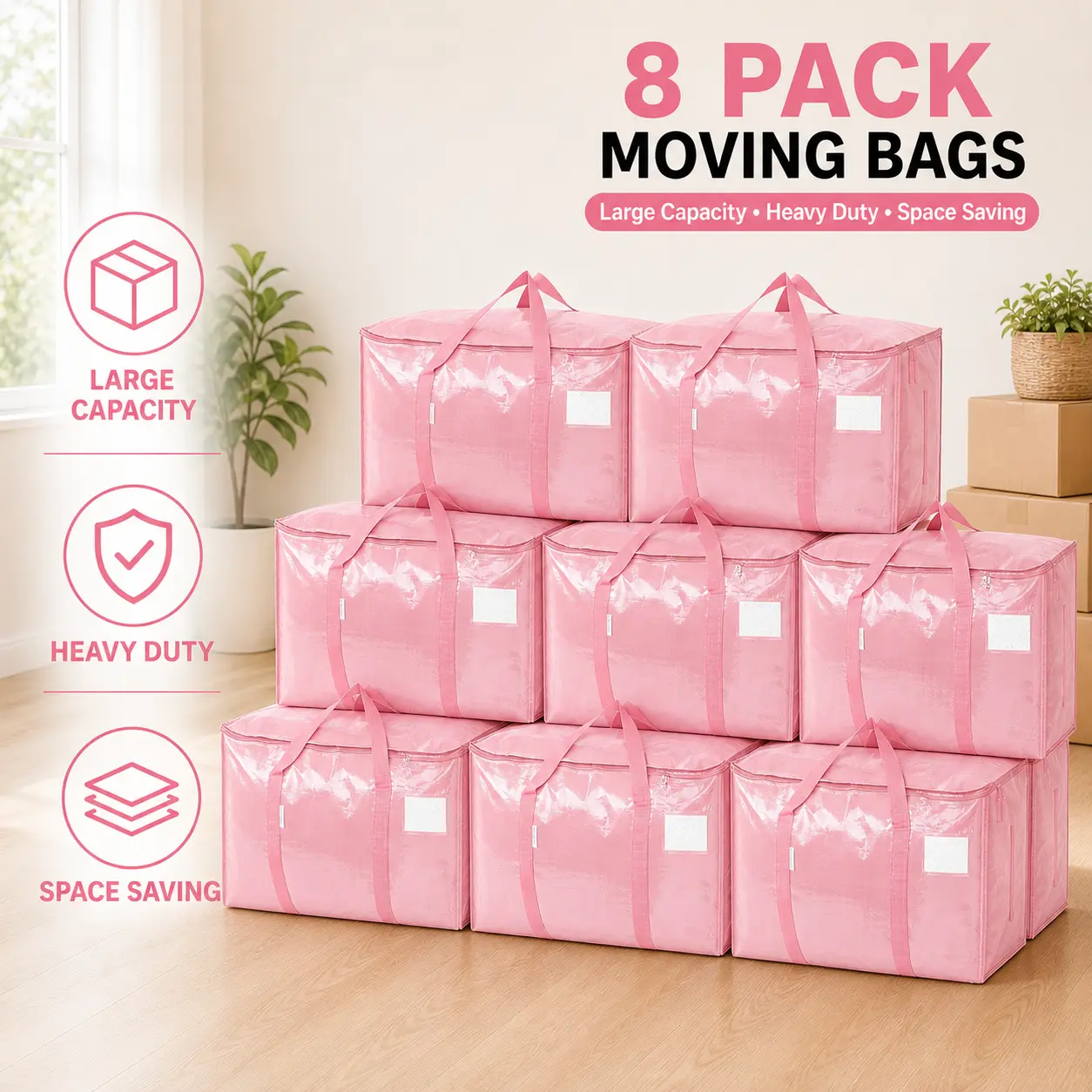 8 Pack Extra Large Heavy-Duty Moving & Storage Bags with Zippers, Handles, Water-Proof Design, Reusable Foldable Organiser Bags for Clothes, Bedding, Comforters, Ideal for Apartment Moves, Space-Saving Storage, Storage Organizer