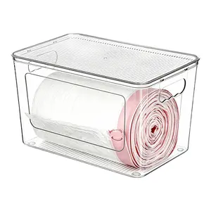 1 Pack Clear Plastic Stackable Trash Bag Dispenser, Garbage Bag Holder Fits 13/30/33 Gallon Rolls, with Locking Lid &  Handles & Anti-Slip Pads, Multi-Purpose Storage Bins for Under Sink Kitchen Pantry Bathroom Laundry Room