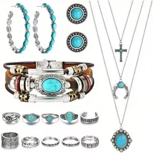 18pcs Western Jewelry For Women Turquoise Pendant Necklace Western Drop Dangle Earrings Turquoise Layered Bracelets Boho Knuckle Rings Set Bohemian Turquoise Jewelry Set
