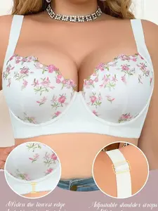 Plus Size Underwire Bra With Floral Embroidery & Lace - Side Support
