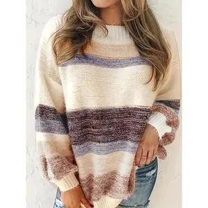 Women'sColorblockStripedPrintDropShoulderSweater,CasualLongSleeveRoundNeckJumperforFall&Winter,FashionLadies'KnitwearforDailyWear