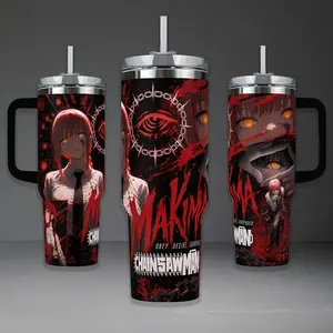 Makima Tumbler, Chainsaw Man Control Devil 40oz Cup with Handle & 20oz Travel Mug. Anime Fan Gift, Makima Inspired Insulated Tumbler Featuring Epic Chainsaw Man Character Graphic Design.