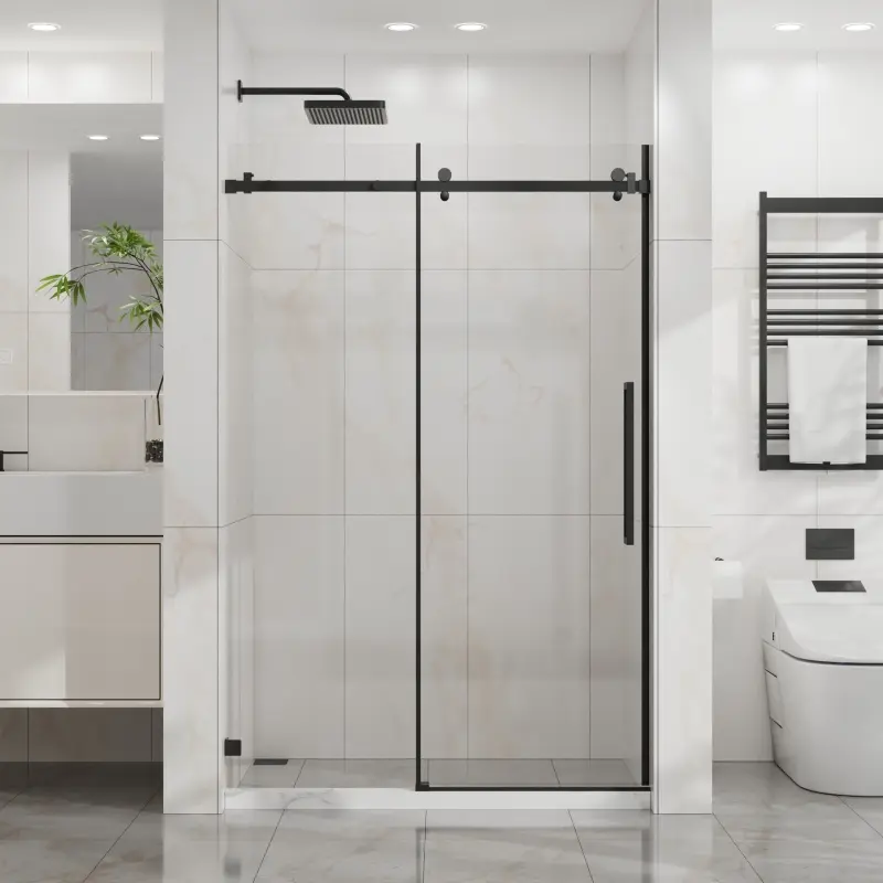 Goodyo 48" W x 72" H Sliding Shower Door, Frameless Sleek Glass Shower Door, 1/4" (6mm) Thick Tempered Clear Glass with Easy-clean Coating, Stainless Steel Hardware, Matte Black