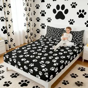 Dog Paw Print Kids Fitted Sheet,Kawaii Pet Bedding Set,Boys Girls Adults Bedroom/Xmas/Halloween Decor,Cartoon Animal Bed Cover,Black White Simple Bed Sheet