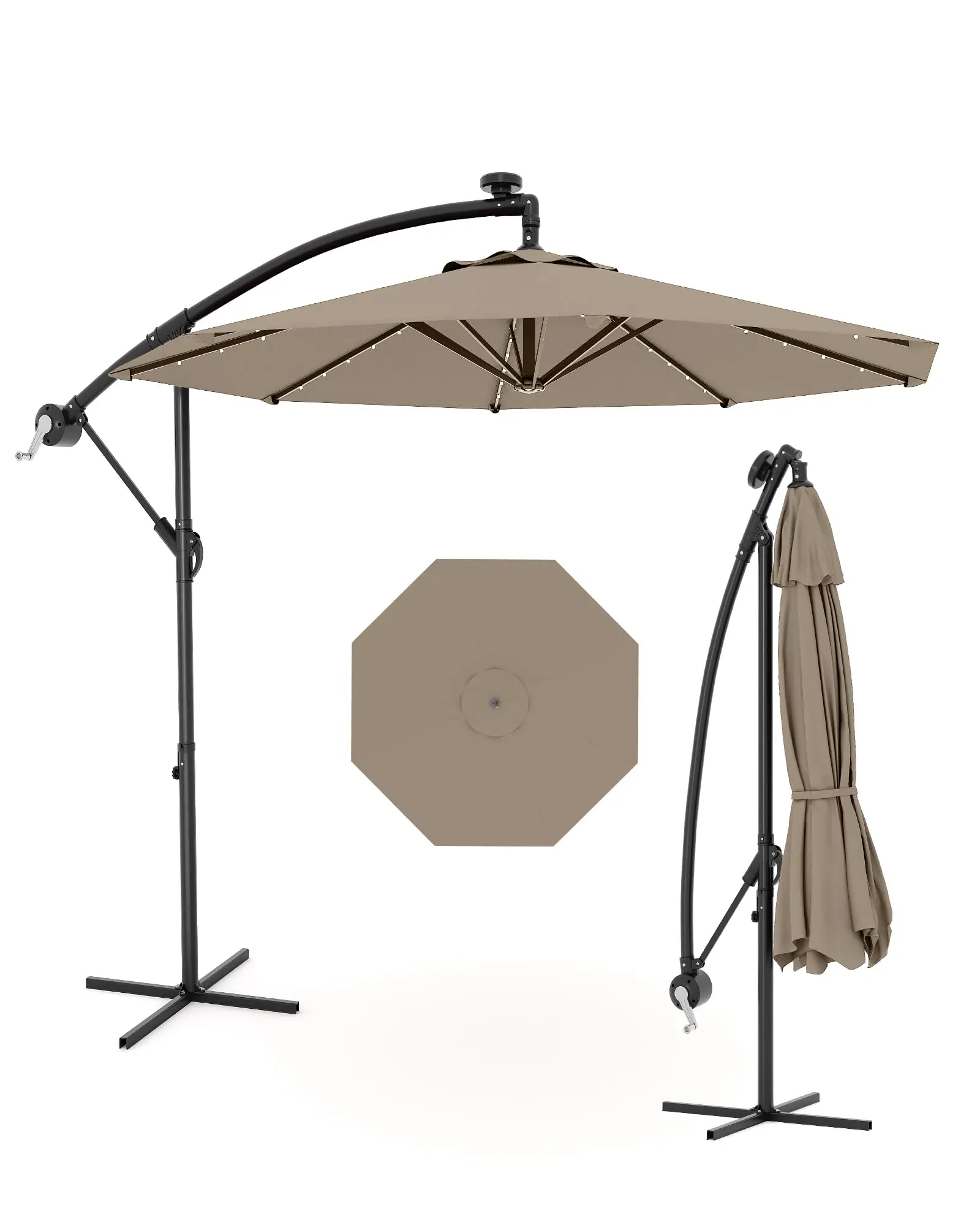 10ft Outdoor Cantilever Hanging Offset Umbrella with Solar Powered LED, UV Protection Waterproof for Garden, Deck, Backyard, Pool (Tan)