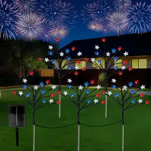 July 4th Decorations: Outdoor Ground Stake Lights, 5-Piece Set of Red, White, and Blue Star-Shaped Solar Lights, Featuring 8 Modes and 75 LED Bulbs, Waterproof Patriotic Path Lights, Perfect for Independence Day and Memorial Day Garden Paths