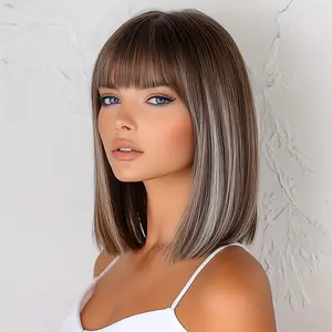 SMILCO/12-inch |Brown Highlight | Short Hair Straight Bob Wig with Bangs | SM165