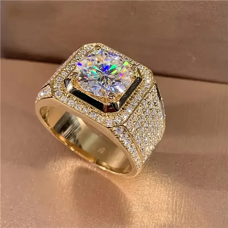 Men's Chunky Square Artificial Gemstone Ring - Vintage Gold-Tone, Square-Set Cubic Zirconia, Bridal Engagement Jewelry for Daily Wear & Birthday Gifting, Chunky Square Rings