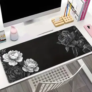 Elegant Black White Peony Flower Design Extra Large Gaming Mouse Pad，Aesthetic Desktop Decoration Protection Pad，Rubber Pad Non-slip Lock Edge Work Pad, Multi-size Mouse pad Suitable For Laptop, Desktop Computer Games，Work，Family, Good Gift For Boys，Girls