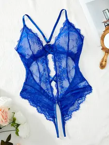 Transparent Women’s Deep V-Neck, Christmas, Jacquard Weave, Backless, Bow Decoration on Chest, Christmas, Floral Lace Crisscross  Heart Metal Buckle Decoration, Sexy Teddy Bodysuit, Scallop Trim, Adjustable Shoulder Strap, Sexy Bodysuit  Lingerie woman