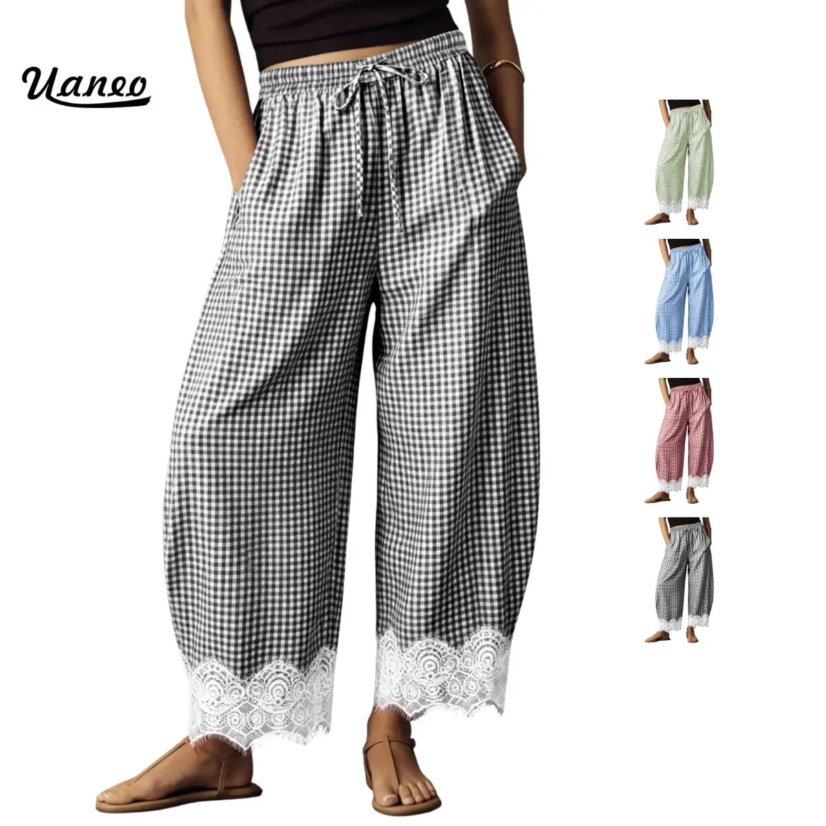 UANEO Womens Checkered Lace Hem Barrel Pants Drawstring Waist Casual Gingham Tencel Trousers with Pockets Loose Fit Wide Leg Comfy Bottoms for Fall Homewear Casual Soft Breathable Drapey Womenswear
