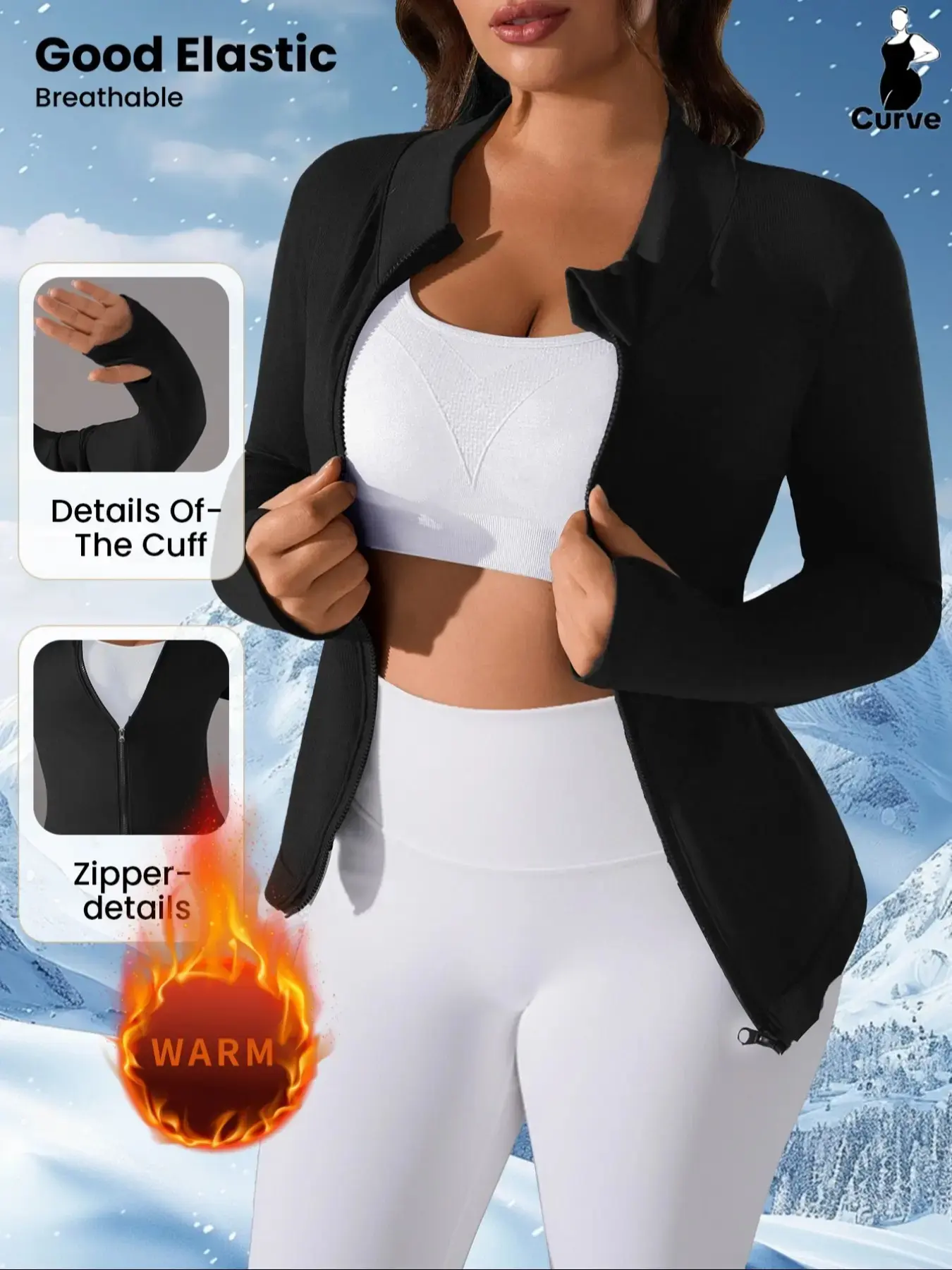 Women's Plus Size Fashion Zipper Jacket for Winter, Slim Fit Gym Running Yoga Jacket, Elastic Exercise, Long Sleeve Thumb Hole, Hot & Thick Thermal Top,Elastic Exercise Jacket&Shapewear, Sports Yoga Jacket, Elastic Outerwear