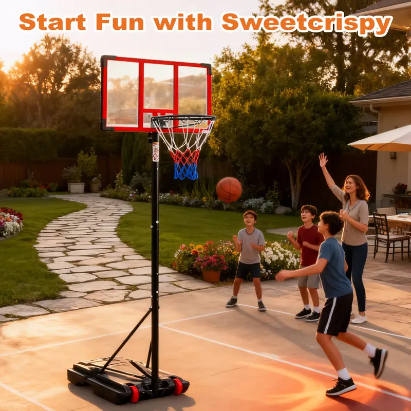 Sweetcrispy Polycarbonate Kids Children Portable Basketball Hoop - Adjustable Height 5.08-8.53 ft, Shatterproof Weather-Proof Backboard, Fillable Base, Wheeled Design, Easy Installation for Backyard Playground