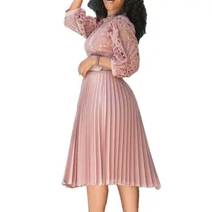 Midi Dress for Womens Pleated Dress  Belted Three Quarter Sleeve High Waist Lady  Evening Party Dress Chic Fabric Formal Womenswear Balloon Comfortable Elegance Fashion Collar Fits Jersey Overall Polyester Sexy Spandex Simple Elegant Piece Lace Polo