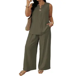 Eytino Plus Size 2 Piece Sets for Women Summer Travel Vacation Outfits Sleeveless Tops Wide Leg Pants Matching Sets(1X-5X)