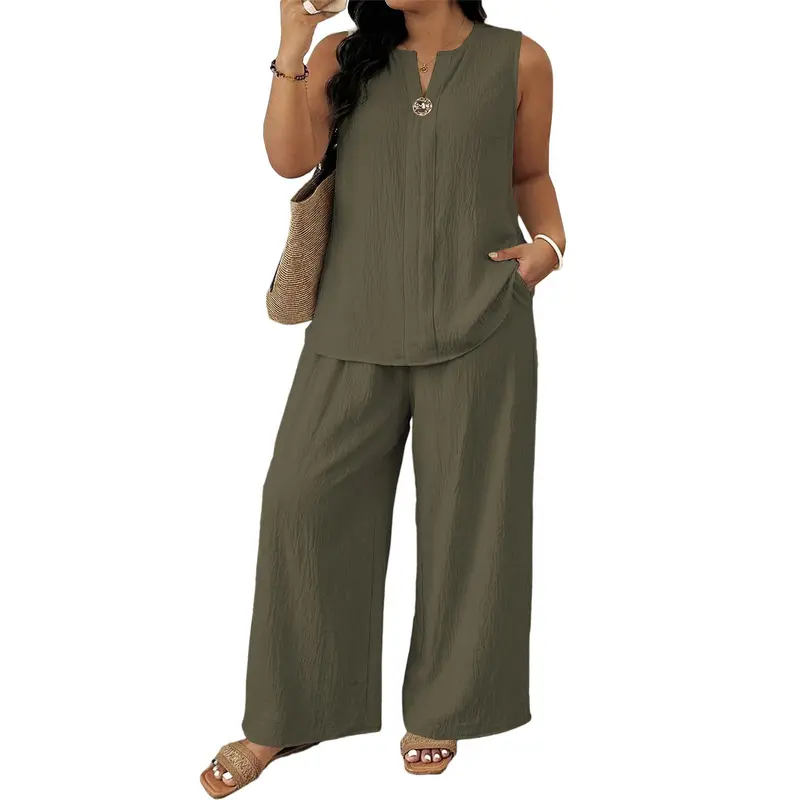 Eytino Plus Size 2 Piece Sets for Women Summer Travel Vacation Outfits Sleeveless Tops Wide Leg Pants Matching Sets(1X-5X)