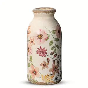 Ceramic Vase - Rustic Farmhouse Boho Vase With Soft Pastel Pink Yellow Green Floral Pattern, Contemporary Cylindrical Centerpiece For Kitchen Bedroom Office Bathroom Shelf Decor, Elegant Tabletop Decoration, Durable & Easy-Clean Home