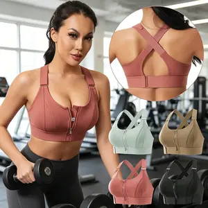 Women's 2026 New Arrival Plus Size Zip Front High Impact Sports Bra Crisscross Back Full Support Padded Wirefree Gym Activewear for Fitness Yoga Running