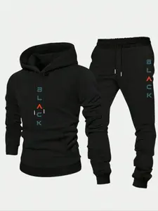 Men's Letter Print Zip Up Hoodie & Pants Two-piece Set, Regular Fit Casual Long Sleeve Hooded Sweatshirt & Jogger Pants for Fall & Winter, Men's Two-piece Outfits for Daily Wear