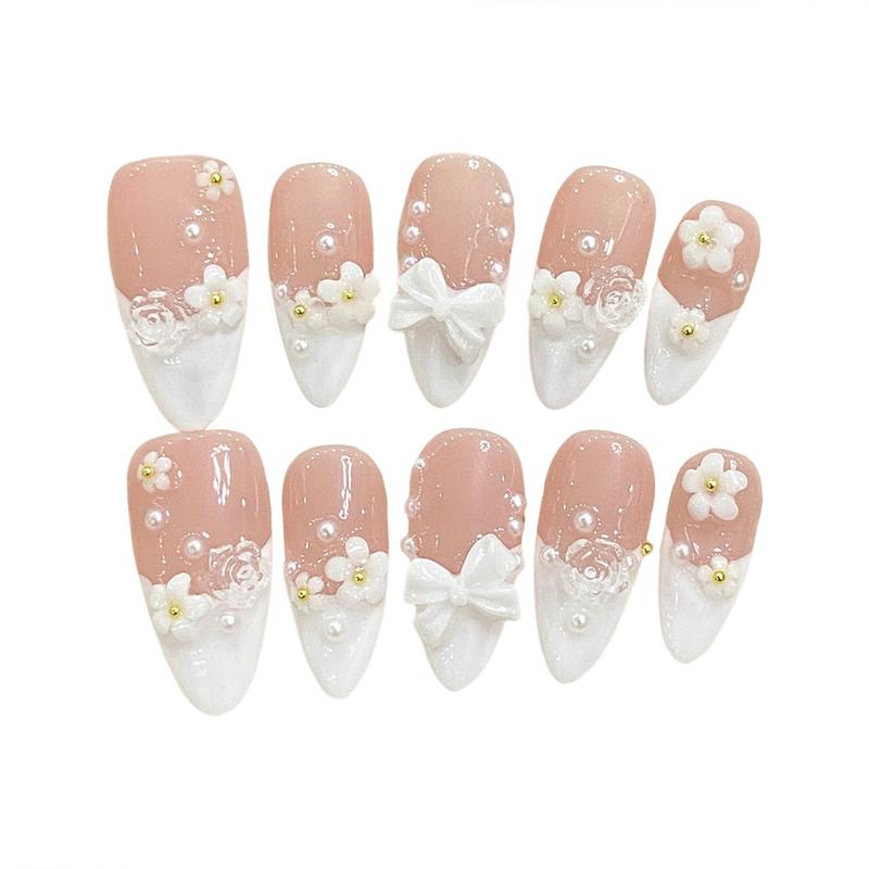 10 Pcs Almond 3D Nails, Flower Shell French Style, Reusable Press On Nails, Beach Nails