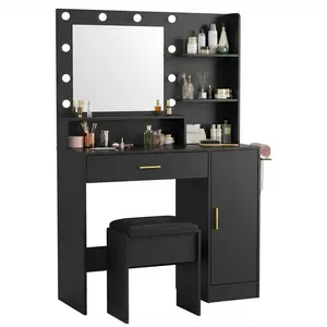 35.4-Inch Makeup Vanity with Mirror & Stool - White Dressing Table with 3-Level Adjustable LED Light & Power Outlet - Compact Drawer Unit & Storage Shelves for Apartments