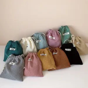 Mini Drawstring Bag Corduroy Makeup Pouch Striped Design Gift for Women Compact Storage Soft & Comfortable
