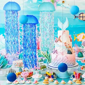 10 jellyfish paper lanterns and bubble decorations - blue gradient ocean themed party decoration, suitable for mermaid parties, underwater birthdays, hanging ocean style decoration (no power required), mermaid party decorations