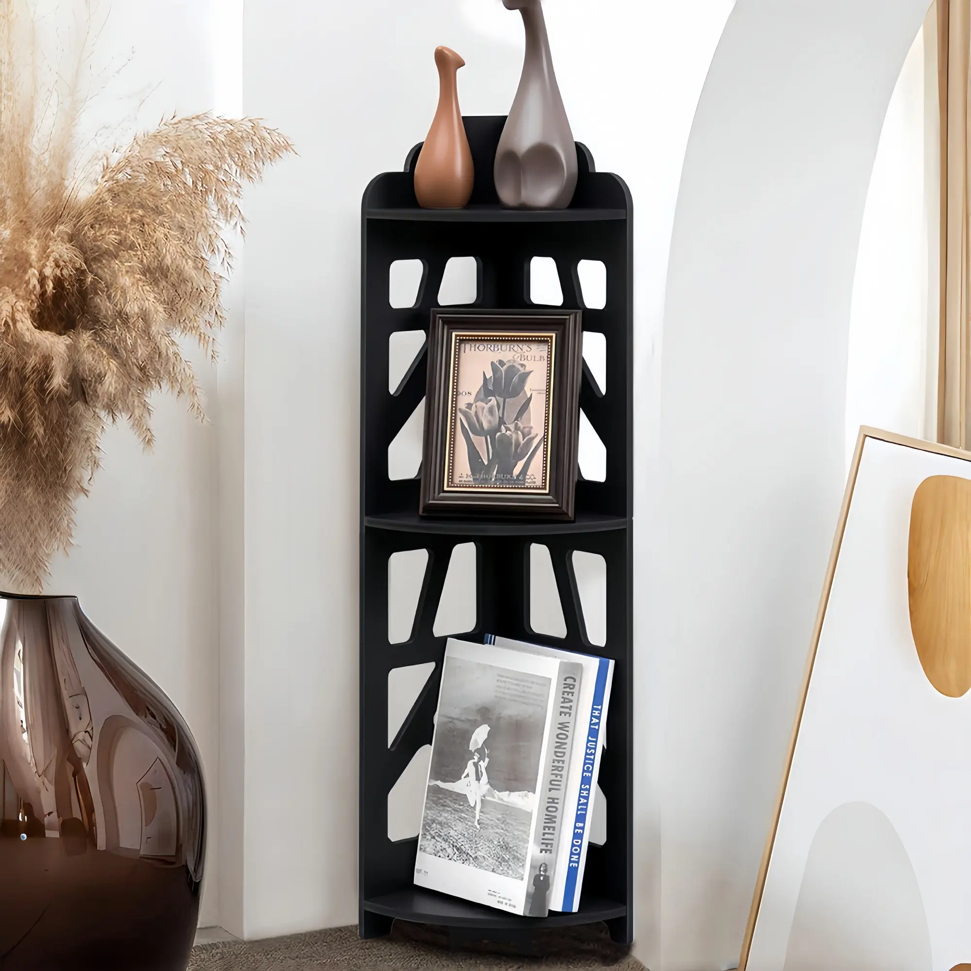 3-Tier Freestanding Corner Storage Shelf, Waterproof Triangle Display Rack with X-Cutout Frame, Space Saving Freestanding Organizer for Bathroom, Bedroom, Living Room, Toilet Nook & Small Corner Space ,kitchen
